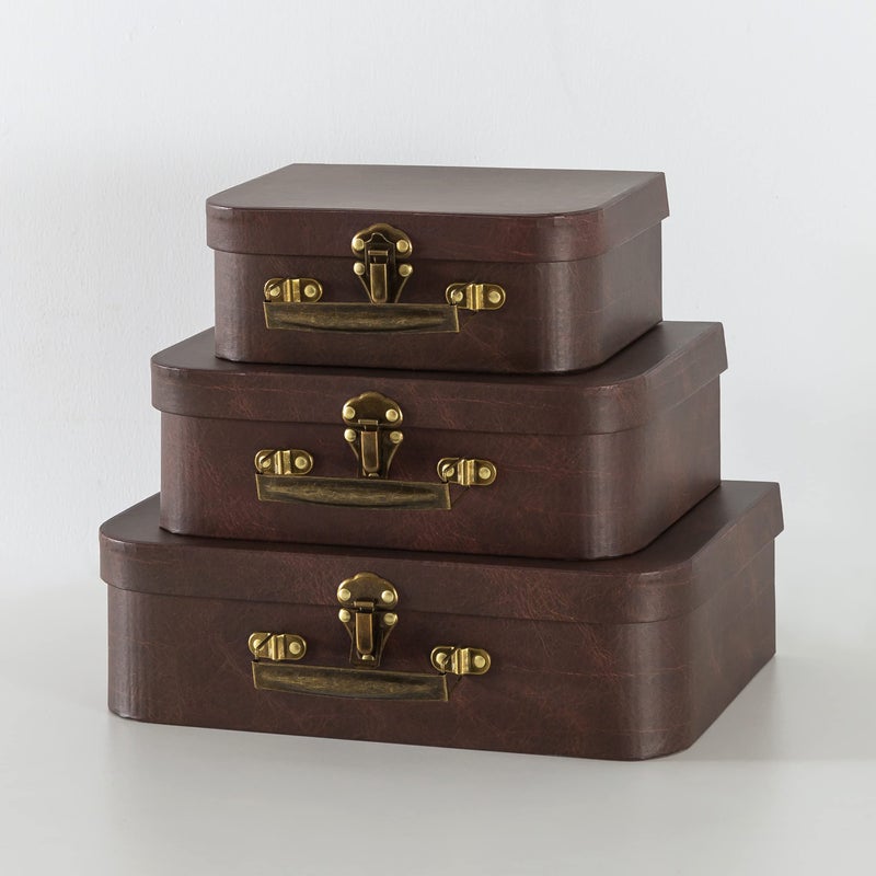 SLPR Paperboard Suitcases Set of 3, Brown Leather - Vintage Cardboard Suitcase Decor, Nesting Luggage Decorative Mache Boxes with Hinged Lids and Brass Handle, Mini Suitcases for Centerpieces - Image 5